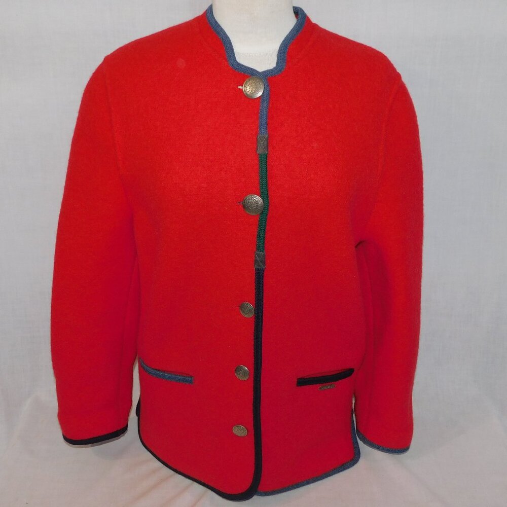 Giesswein Bright Red Wool Buttoned Cardigan with Navy Trim